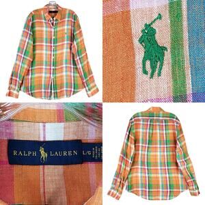 Polo Ralph Lauren Shirt Mens Large Multicolor Plaid Linen Preppy Long Sleeve